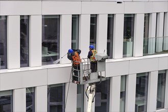 Two workers wearing safety harness wash walls