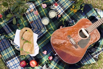 Top view picnic with acoustic guitar