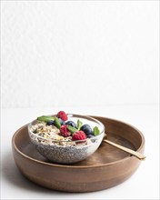 High angle oatmeal bowl with raspberries copy space
