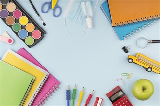 Top view assortment education day elements with copy space