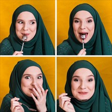 Set muslim woman s face expression white eating with spoon