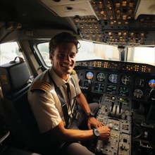 Proud pilots sit in the cockpit of their plane
