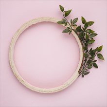 Artificial green twig near wooden border frame pink background