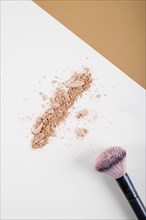Overhead view face powder brush dual colored background