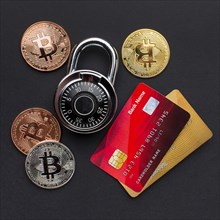Top view credit cards with lock bitcoin