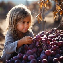Child eats plums from a plum tree