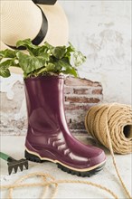 Small plant planted purple wellington rubber boot with spool rope hat garden fork against weathered wall