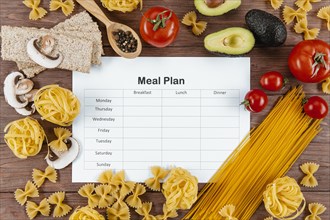 Top view meal plan with pasta avocado