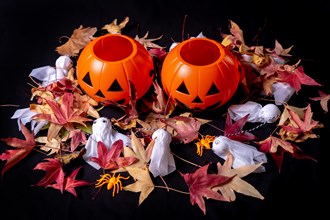 Overhead shot of Halloween pumpkins over red autumn leaves and ghosts on a black background