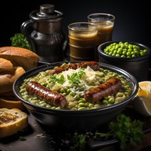 Pea soup with sausage and bread