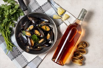 Delicious mussel with bottle wine