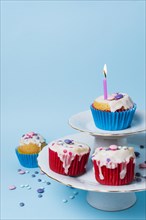 Birthday cupcakes arrangement blue background