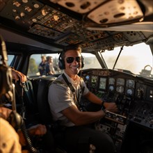 Proud pilots sit in the cockpit of their plane