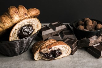 Close up chocolate bar croissants