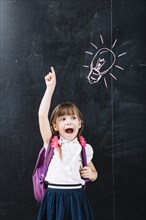 Cute pupil pointing up blackboard