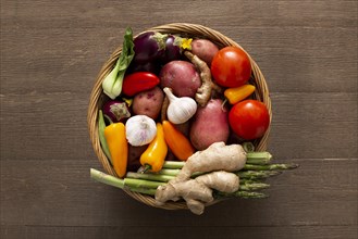 Top view basket with vegetables