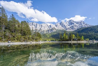Zugspitze massif and Zugspitze reflected in Eibsee lake