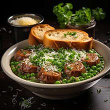 Pea soup with sausage and bread