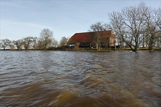 Flooded meadow after a storm surge in front of the Mellumrat e.V. station building on the Unterweserinsel Strohauser Plate