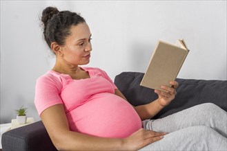 Side view pregnant woman home reading couch