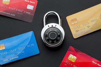 Top view credit cards with lock