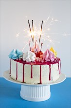 Birthday cake with lit fireworks