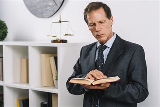 Mature male lawyer reading legal book standing courtroom