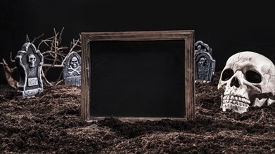 Black empty sign standing graveyard with skull