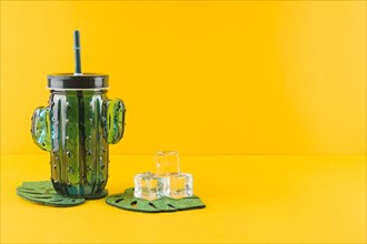 Glass cactus juice jar crystal ice cubes leaves coasters against yellow backdrop