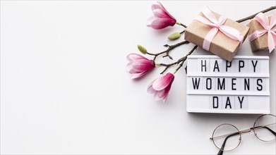 Happy women s day lettering white background with copy space