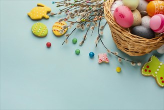 High angle easter eggs basket with bunny butterfly shapes