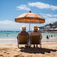 Retired couple sitting on sun loungers under an umbrella and looking at the sea