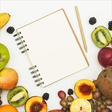 Overhead view spiral notepad pencil various fruits white backdrop