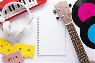 Flat lay music concept white background