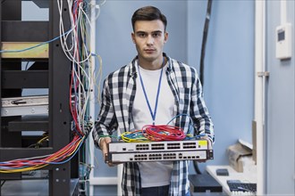 Young man holding ethernet switches wires