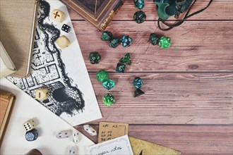 Tabletop role playing flat lay background with colorful RPG dices
