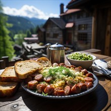 Pea soup with sausage and bread