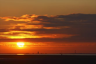 View from the island of Minsener Oog to Wangerooge at sunset