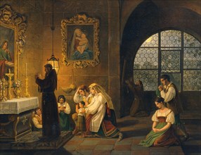 The interior of an Italian church with people praying