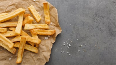Top view french fries paper with salt copy space