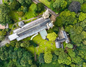 Top down over Llandaff Cathedral from a drone