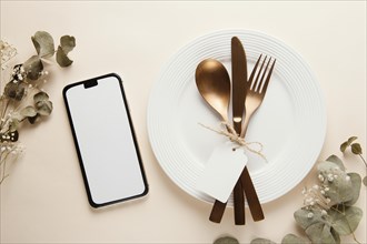 Arrangement elegant tableware with empty smartphone