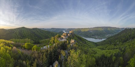 Drone shot of Aggstein Ruin at sunrise with Danube