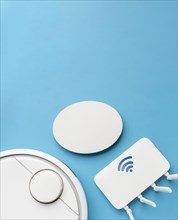 Top view wi fi router with vacuum cleaner copy space