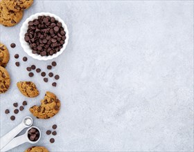 Top view cookies chocolate chips copy space
