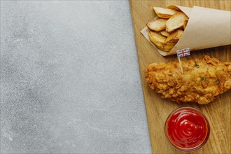 Top view fish chips paper wrap with ketchup copy space