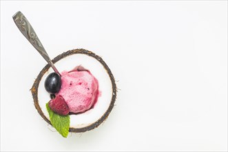 Raspberry ice cream inside halved coconut with spoon against white background