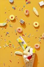 Flat lay assortment colorful sweets