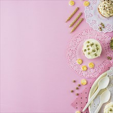 View cupcakes candies candles pink backdrop