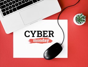 Top view laptop mouse with plant cyber monday